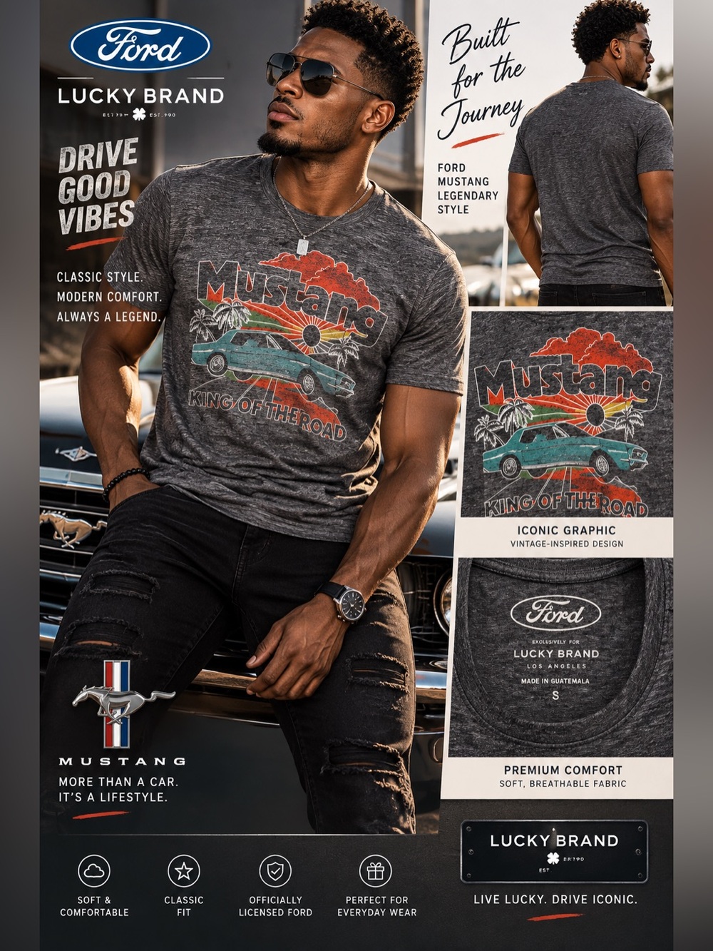 Lucky Brand Charcoal Short-Sleeve Mustang Graphic Tee with Teal and Red Sz Small